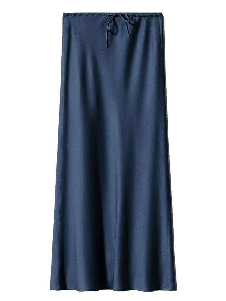 Long Black Satin Skirts Women For Work Summer Autumn Straight Brown Skirt Long Belt Coffee Formal Silk Maxi Skirt For Ladies