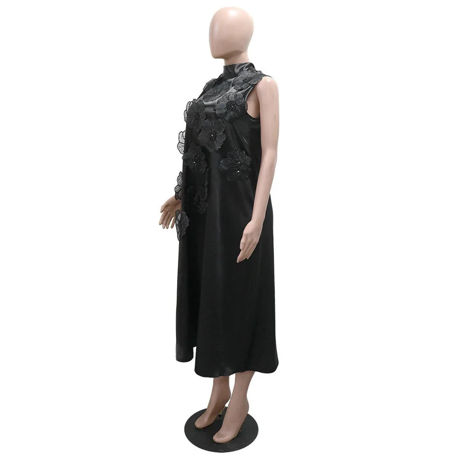 Elegant Dresses for Woman 2025 New O Neck Sleeveless Floral Decorate Straight Ankle Length Fashion Ladies Birthday Party Dress