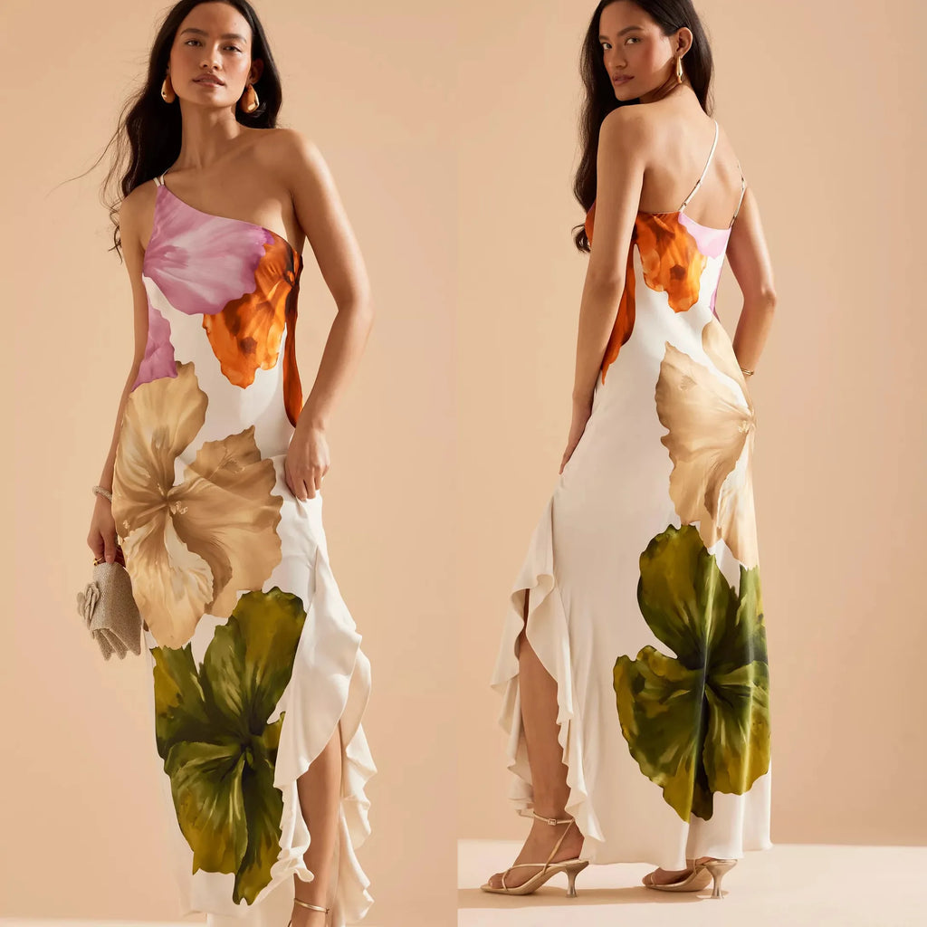 Women's Dress 2025 New Summer Floral Print One-shoulder Elegant Party Evening Maxi Dresses Fashion Vacation Beach Dress