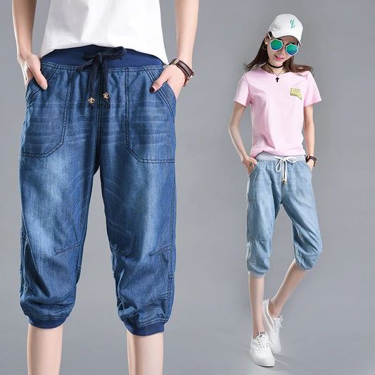 Summer Styles Loose Jeans For Women Calf-Length Harem Pants Elastic High Waist Thin Pants Fashion Jeans 4XL