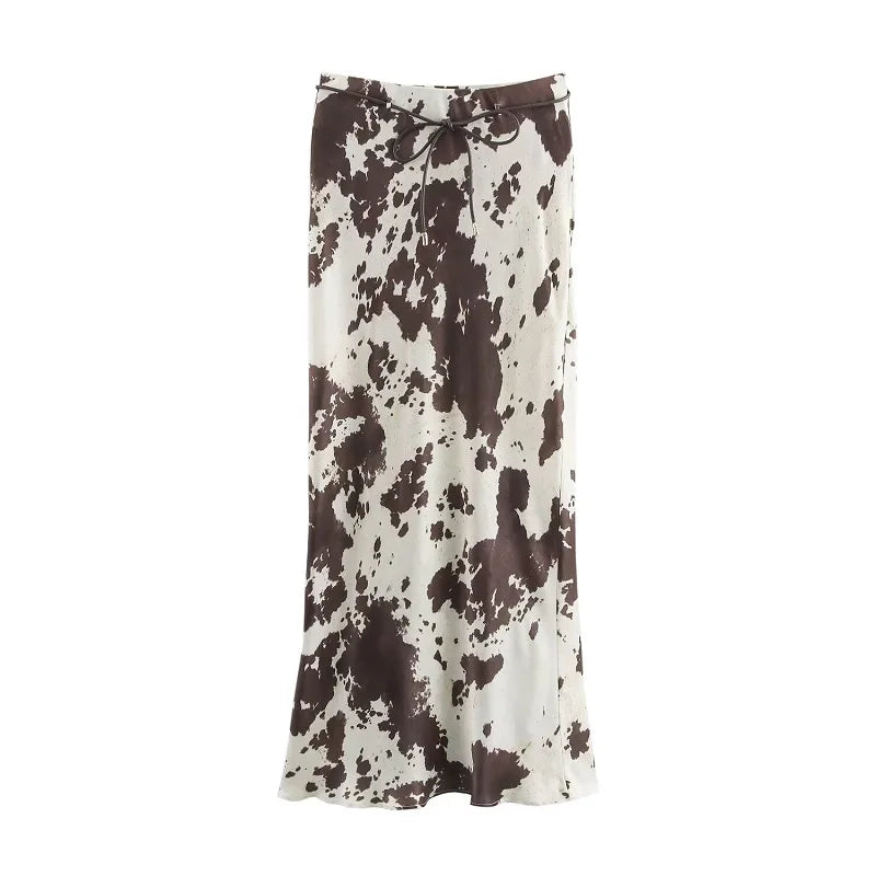 MUJER Print Satin Long Skirts for Women High Waist Midi Skirt Woman Spring Belt Women's Skirt Cylinder Vintage Women Skirt Sets
