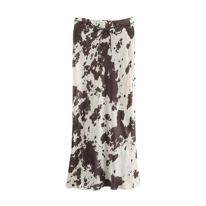 MUJER Print Satin Long Skirts for Women High Waist Midi Skirt Woman Spring Belt Women's Skirt Cylinder Vintage Women Skirt Sets