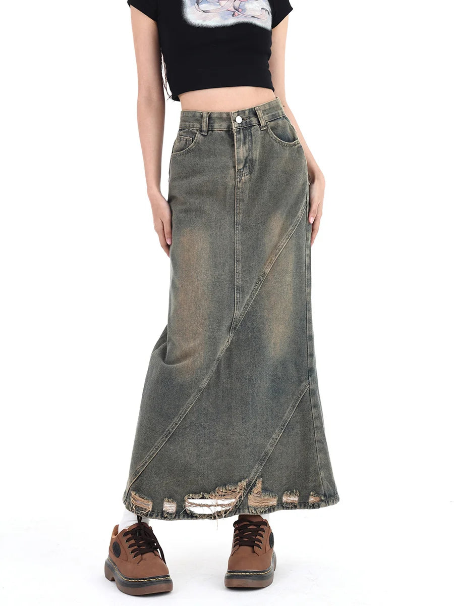 Women Denim Skirt Y2k Emo 2000s Clothes Long Skirt Harajuku Korean 90s Fashion Vintage Gradient A-line Jean Skirt Grunge Clothes