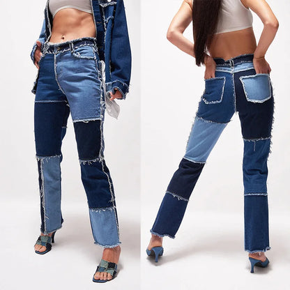 2025 Hot Sale Mixed Color Patchwork Jeans For Women Fashion High Stretch Denim Straight Pants Street Hipster Trousers XS-2XL