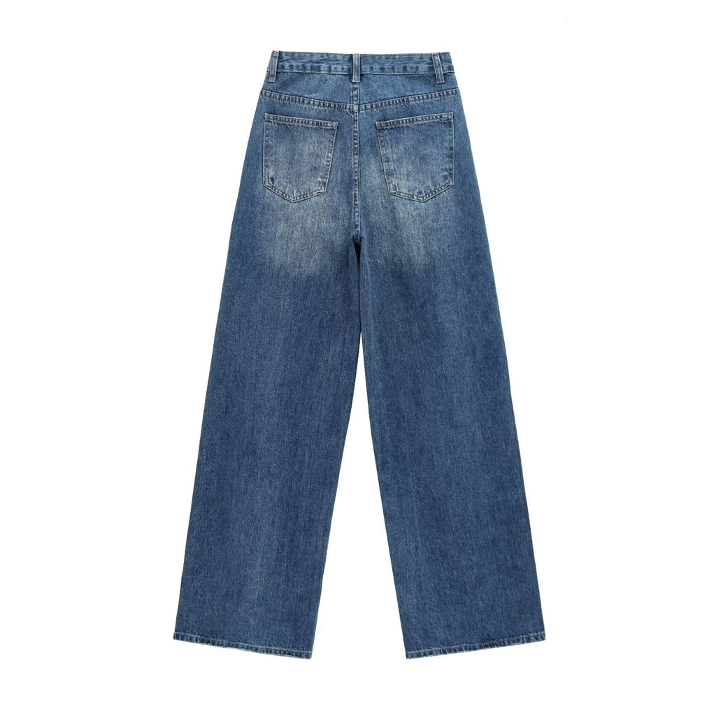Women's new chic fashion asymmetrical waist design loose high waist wide leg jeans retro side pocket zipper women's denim pants