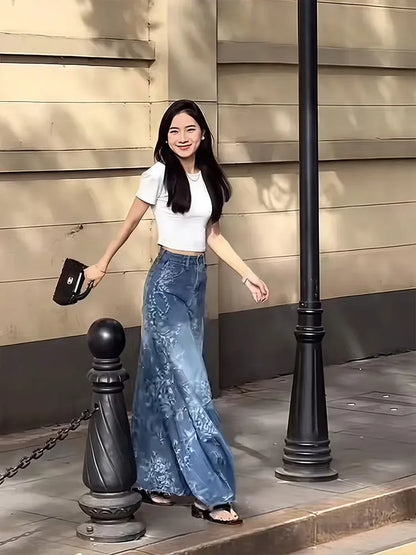 Women Vintage Pattern Printing Denim Skirt Female Long Skirt 90s Fashion Vintage Gradient A-line Jean Skirt Summer Clothes