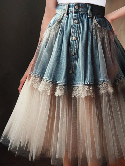 Vintage Patchwork Lace Hollow Out Jean Skirt Women Korean Fashion High Waist Midi Denim Skirt Female Button Casual Elegant Skirt