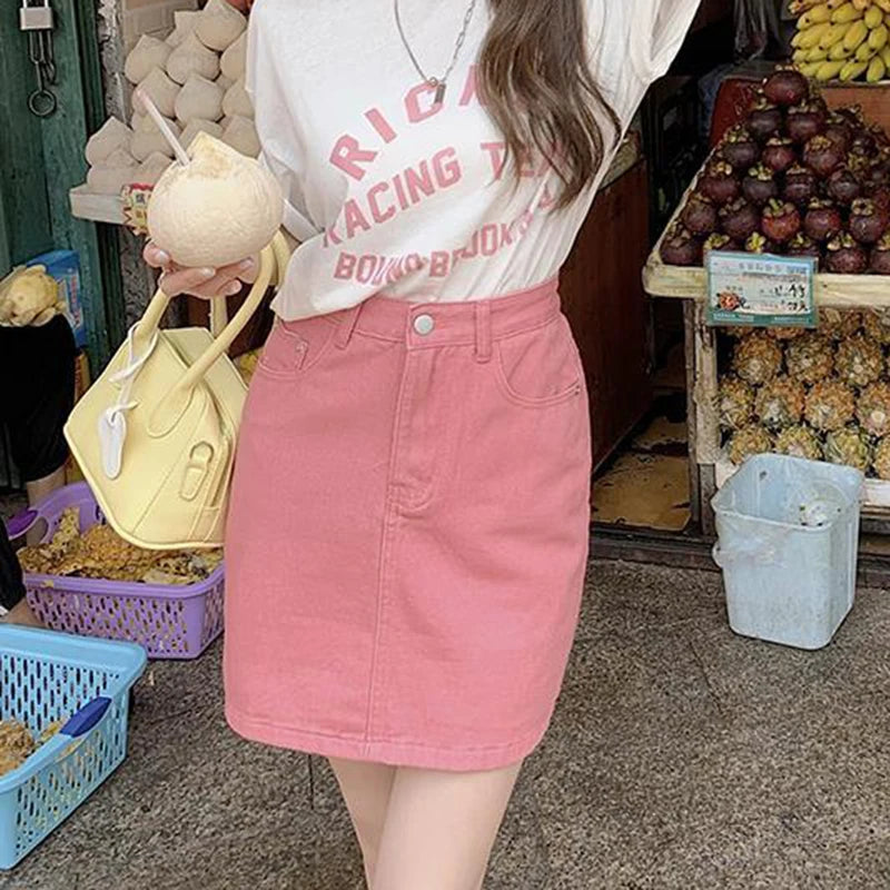 JMPRS Sweet Pink Women Denim Skirts High Waist Student A Line Korean Solid Mini Skirt Causal Summer Vintage Ladies Jeans Skirt