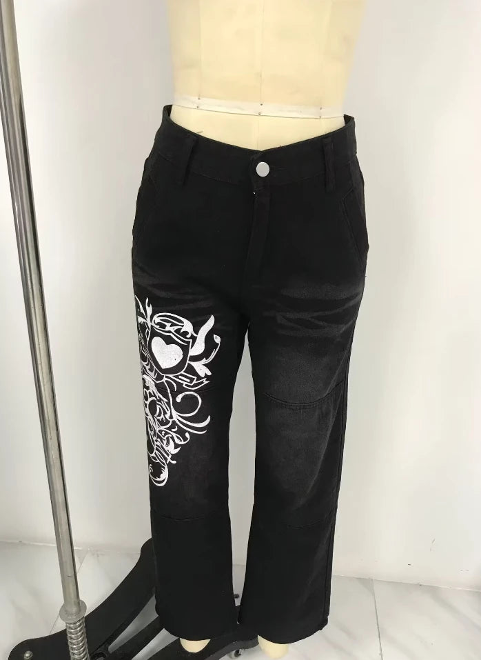 Women's Denim Trousers 2025 Autumn Winter Latest Irregular Print Loose Pants Low Waist Pleats Washed Worn Multi Colored Jeans