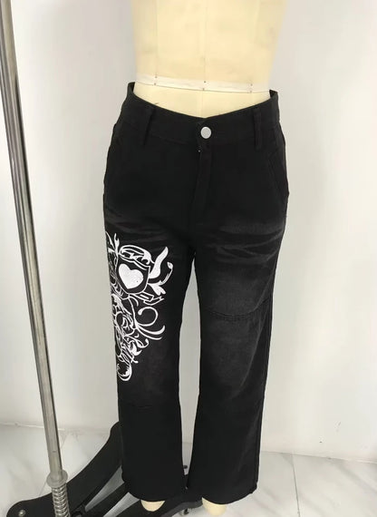 Women's Denim Trousers 2025 Autumn Winter Latest Irregular Print Loose Pants Low Waist Pleats Washed Worn Multi Colored Jeans