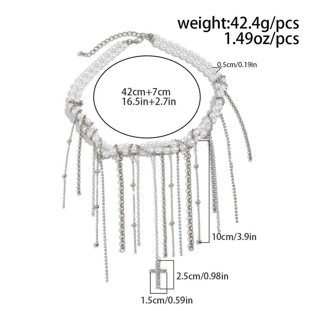 Necklaces for Women Heart-shaped Cross Imitation Pearl Tassel Long Necklace Colliers Femmes Girl Stuff