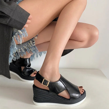 Women Shoes  Fashion Peep Toe Women Wedge Sandals Summer High-heeled Fish Mouth Shoes Soft Leather Height-increasing Beach Shoes
