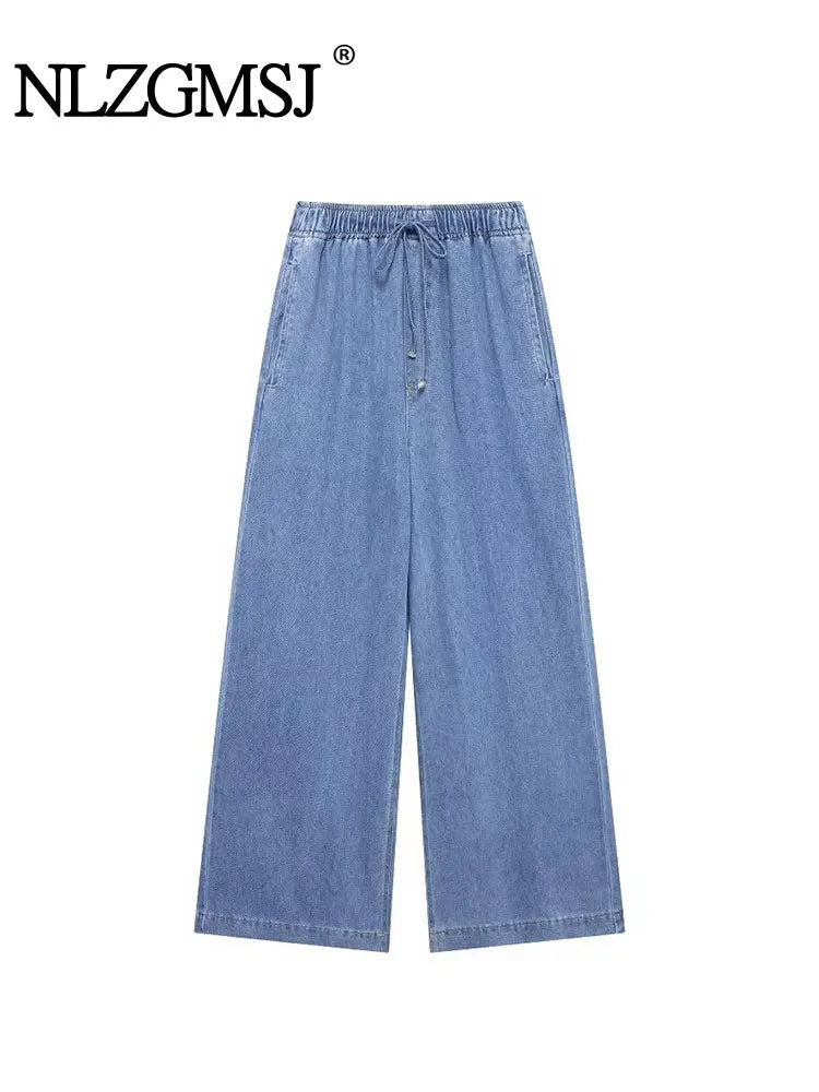2024 Autumn Denim Pant For Women Loose High Waist Jeans Female Fashion Drawstring Elastic Waist Wide Leg Pants