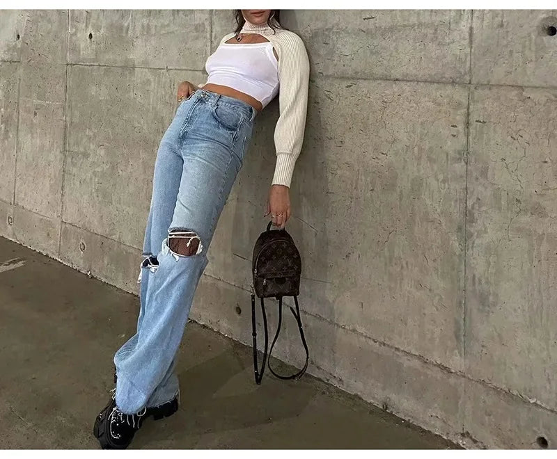 MiuKoMiYa Ripped Jeans For Women 2023 Streetwear Straight Denim Pants High Waist Long Denim Trousers Women Hollow Out Jeans