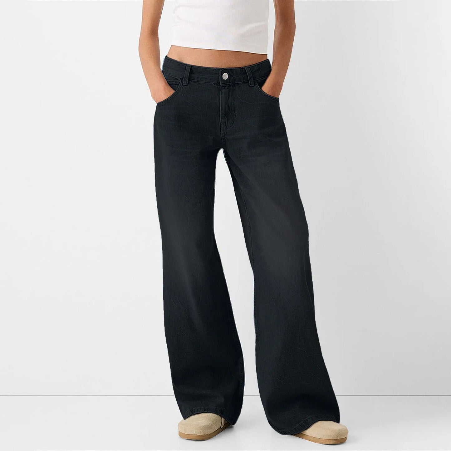Women Fashion Denim Jeans Retro Ladies Loose Straight Pants Mid Waist Button Pocket Trousers Casual De Mujer Pantalon Femme
