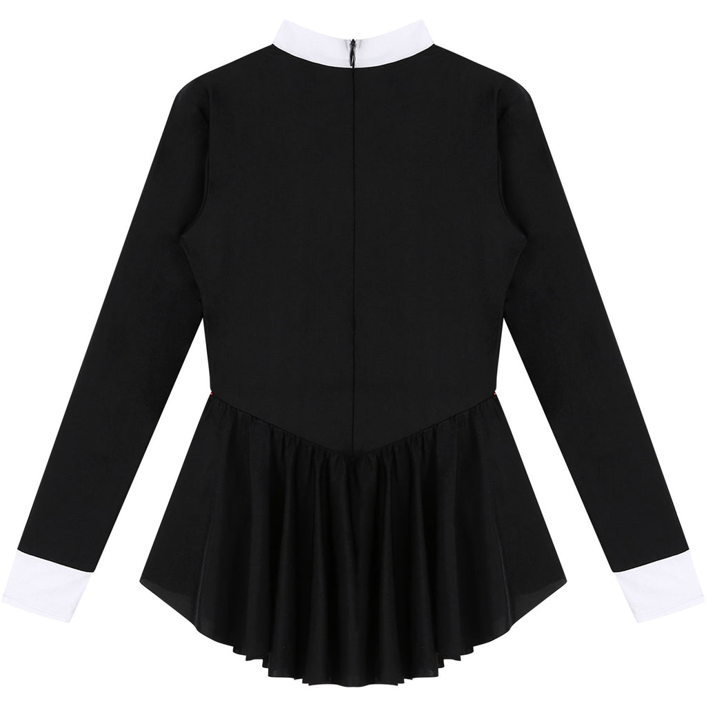 Women Waitress Cosplay Costume Dancewear Long Sleeve Ballroom Latin Dance Dress Bowknot Ruffle Tuxedo Leotard Dresses Clubwear