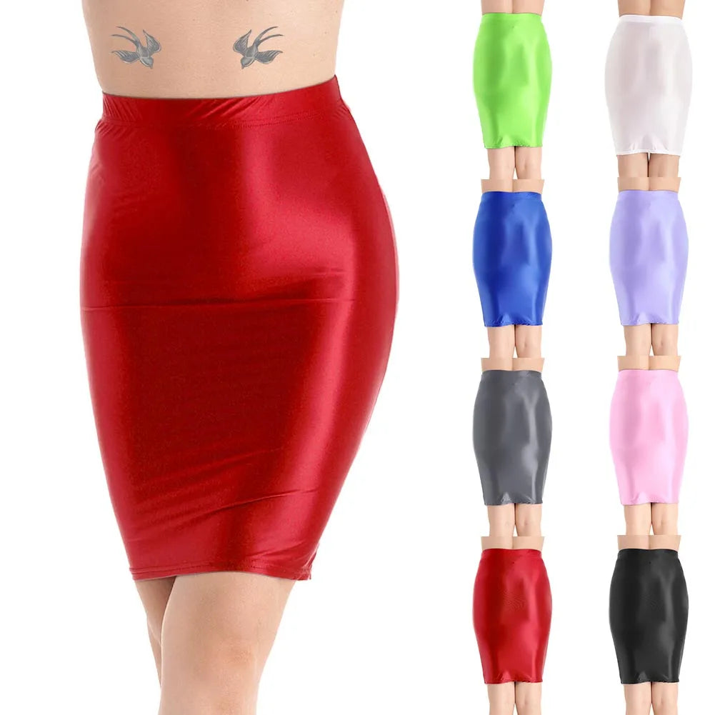 Mini Skirts Skirt For Women Autumn Bodycon Clubwear Glossy Shiny Stretchy Summer Tight Fitting High Waist Knee-length