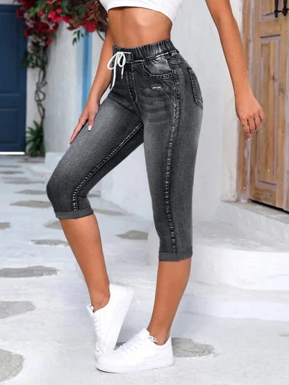 Cross-border New Foreign Trade Women Jeans Elastic Waist Drawstring High Waist Ripped Jeans High Elastic Denim Hot Pants