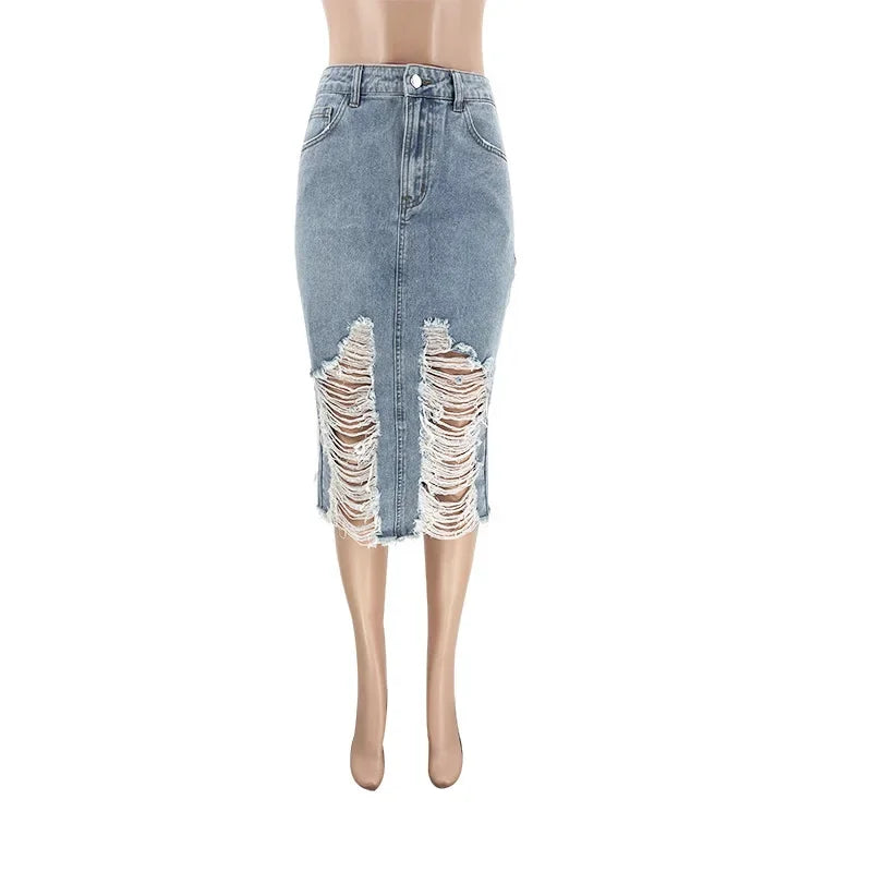 Hole Denim Midi Skirt Women 2024 Spring Summer High Waist Streetwear Sexy Buttocks One Step Skirts Bodycon Vintage Jean Skirts