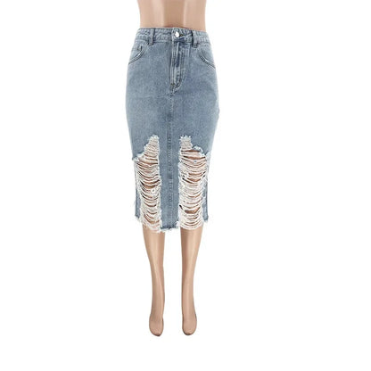 Hole Denim Midi Skirt Women 2024 Spring Summer High Waist Streetwear Sexy Buttocks One Step Skirts Bodycon Vintage Jean Skirts