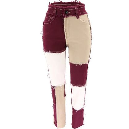 2025 Hot Sale Mixed Color Patchwork Jeans For Women Fashion High Stretch Denim Straight Pants Street Hipster Trousers XS-2XL