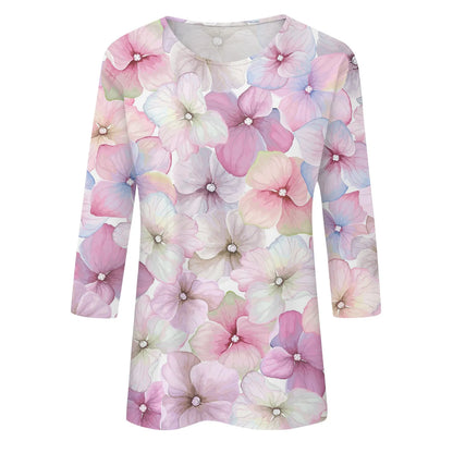 2024 Women Summer Tops Comfortable T Shirt Fashion Flower Print Round Neck 3/4 Sleeve Tops Soft Versatile Pullover Ropa De Mujer
