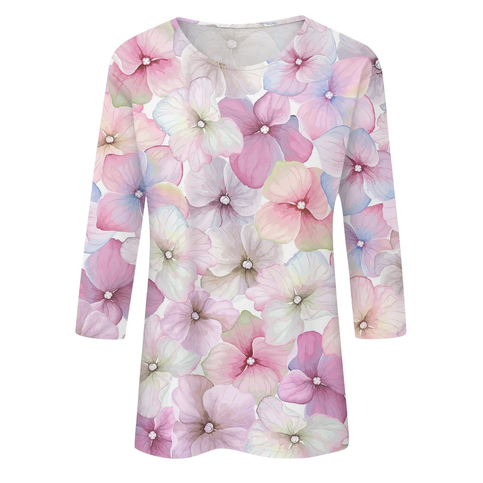 2024 Women Summer Tops Comfortable T Shirt Fashion Flower Print Round Neck 3/4 Sleeve Tops Soft Versatile Pullover Ropa De Mujer