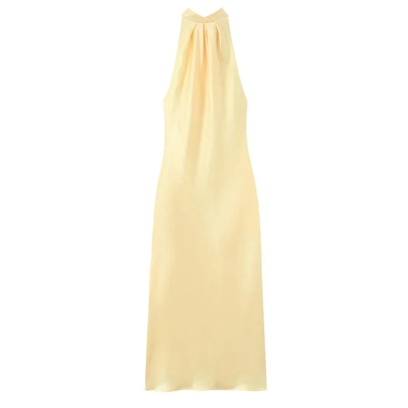 Women Elegant Satin Dress Fashion Lace Up Hanging Collar Long Dresses for Women Solid Sleeveless Midi Dress Lady Evening Dress