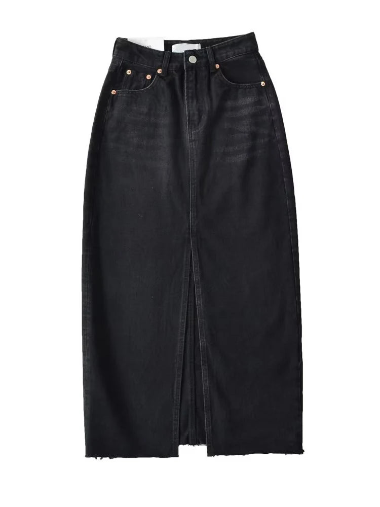 MiuKoMiYa Long Denim Skirts For Women Maxi Spring 2025 Black Front Slit Jean Skirts Womens Long Streetwear Blue Skirt Denim Maxi