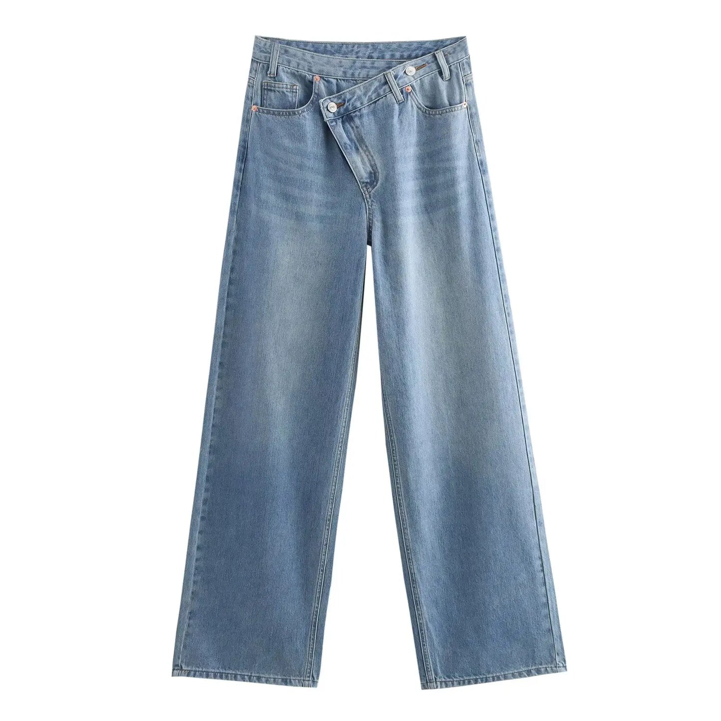 Women's new chic fashion asymmetrical waist design loose high waist wide leg jeans retro side pocket zipper women's denim pants