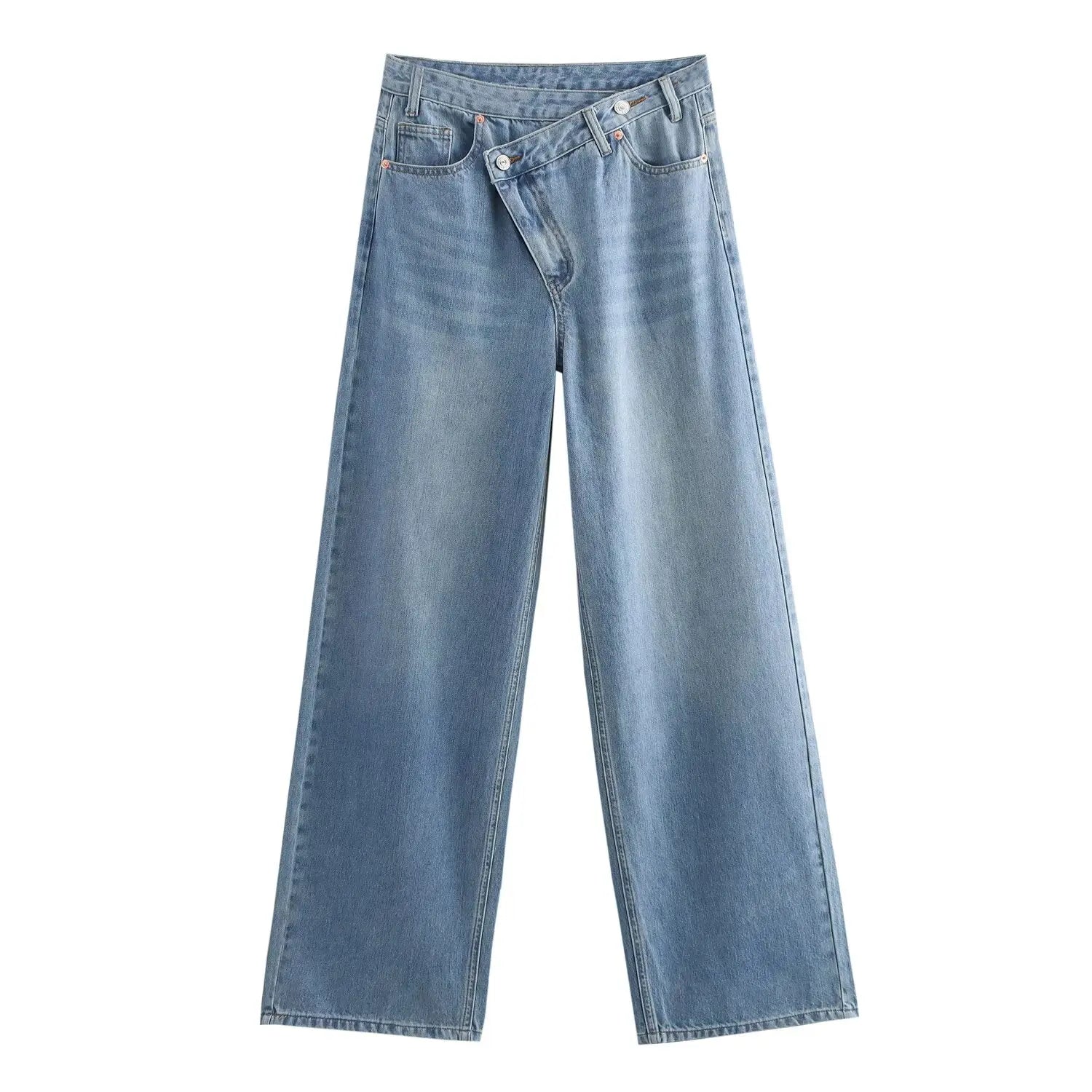 Women's new chic fashion asymmetrical waist design loose high waist wide leg jeans retro side pocket zipper women's denim pants