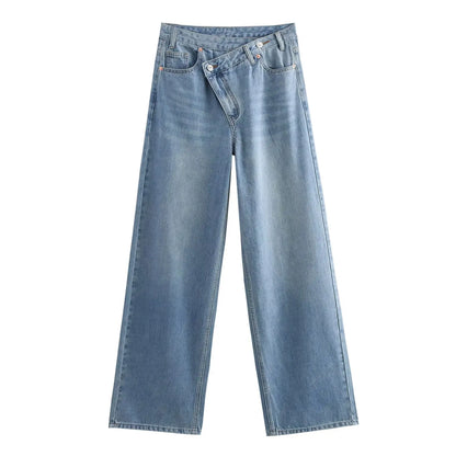 Women's new chic fashion asymmetrical waist design loose high waist wide leg jeans retro side pocket zipper women's denim pants