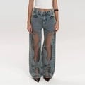 Women's Distressed Ripped Grunge Denim Jeans Gothic Dark High Waist Straight Leg Baggy Pants Trendy Hip Hop Streetwear Trousers