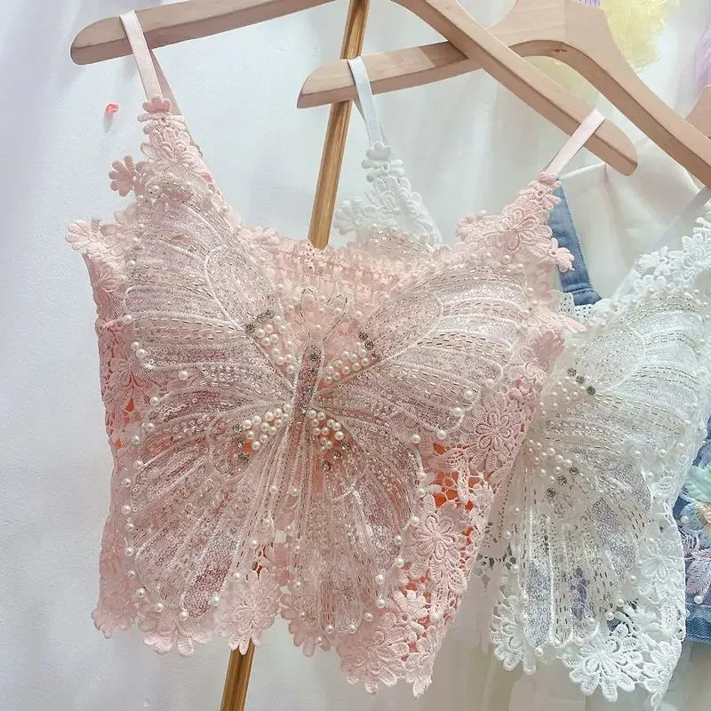 Women Clothing Heavy Beading Floral Tank Sexy Crop Tops Ropa Mujer Lace Butterfly Top Navel Baring Sexy Cropped Top Summer Camis