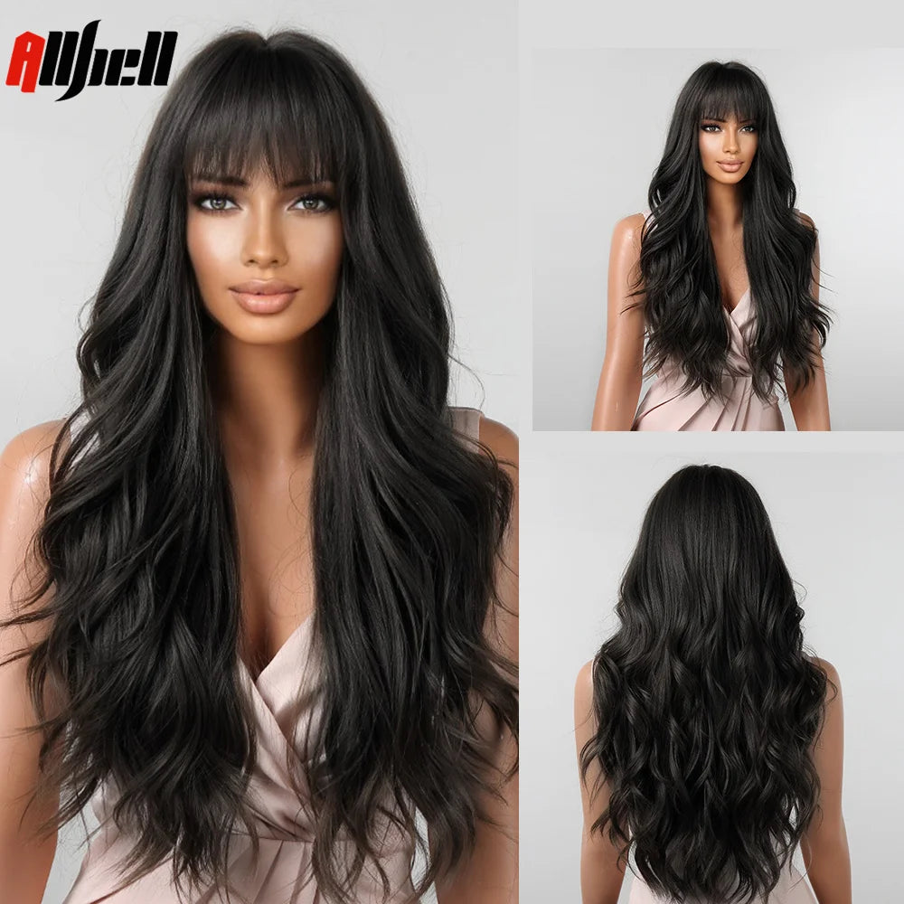 Long Wavy Wine Red Synthetic Wigs Natural Wave Afro Wigs With Bangs for Black Women Cosplay Costume Wig Heat Resistant Fiber