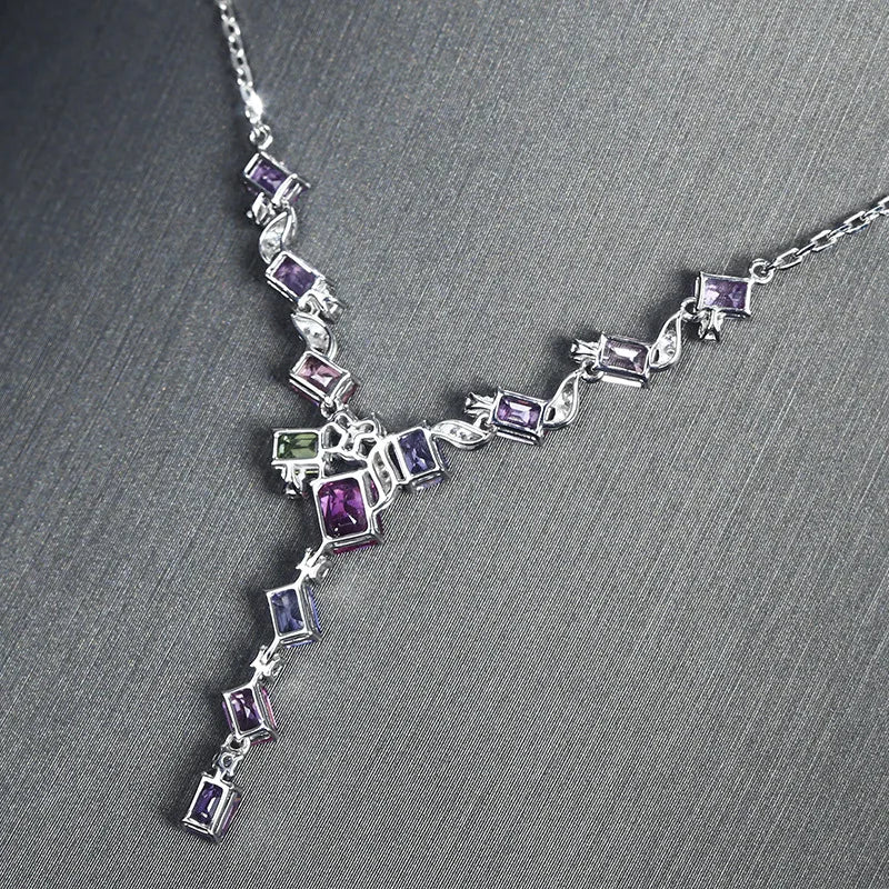 925 Sterling Silver Colorfull Cubic Zirconia Necklaces for Women New Trendy Shine Geometric Collar Fashion Evening Party Jewelry