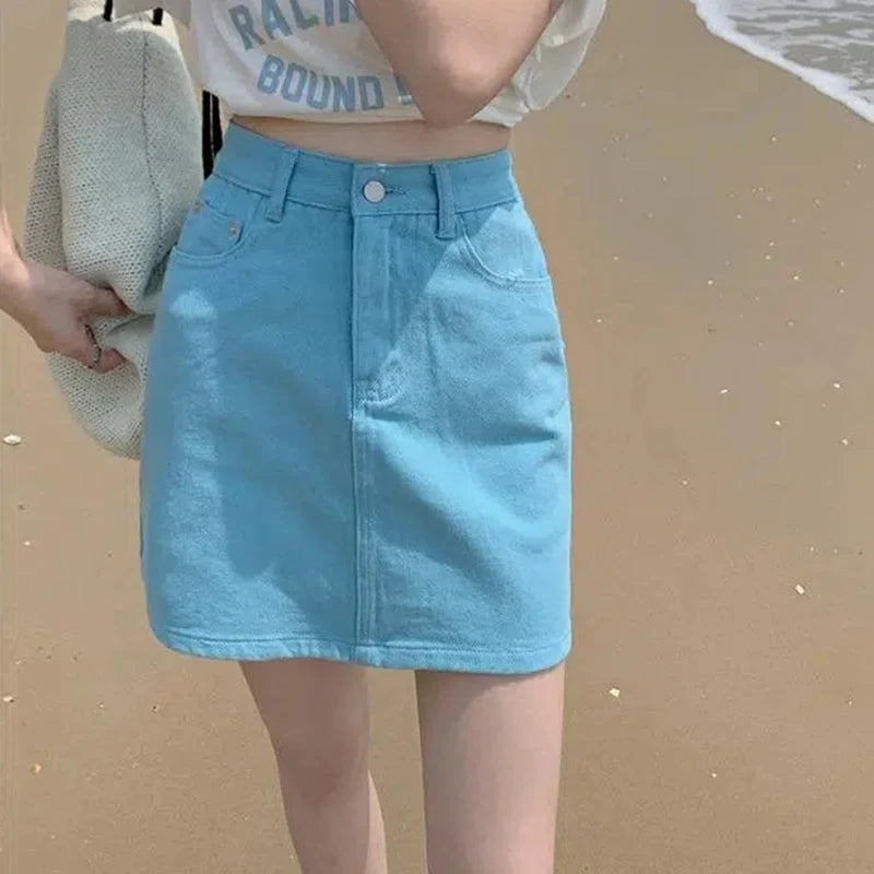 JMPRS Sweet Pink Women Denim Skirts High Waist Student A Line Korean Solid Mini Skirt Causal Summer Vintage Ladies Jeans Skirt