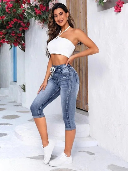 Cross-border New Foreign Trade Women Jeans Elastic Waist Drawstring High Waist Ripped Jeans High Elastic Denim Hot Pants