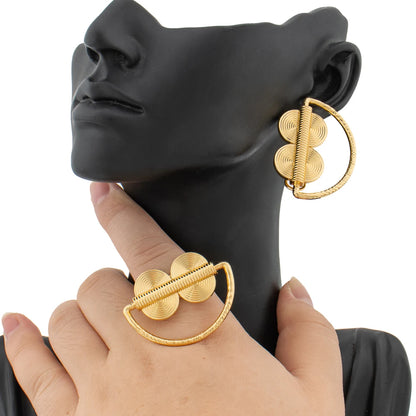 Earrings Jewelry Set for Women African 18k Gold Color Earrings with Ring Unusual Design Ear Accessories Girls Lover Daily Gifts