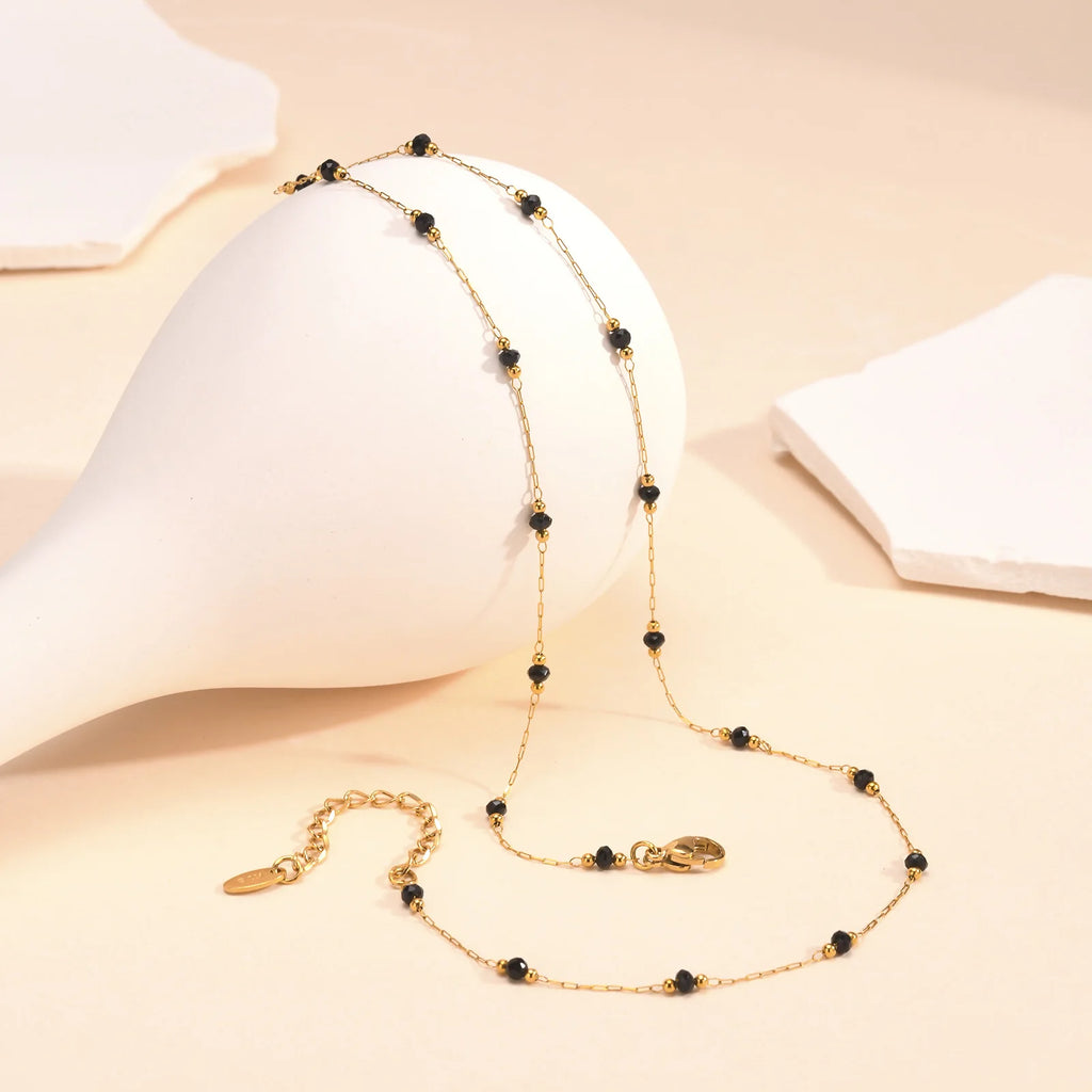 Bohemian Necklace Beaded Strap Chain Women Fashion Lanyard Neck Chain Jewelry Stainless Steel Green/Black Faceted Beads Necklace