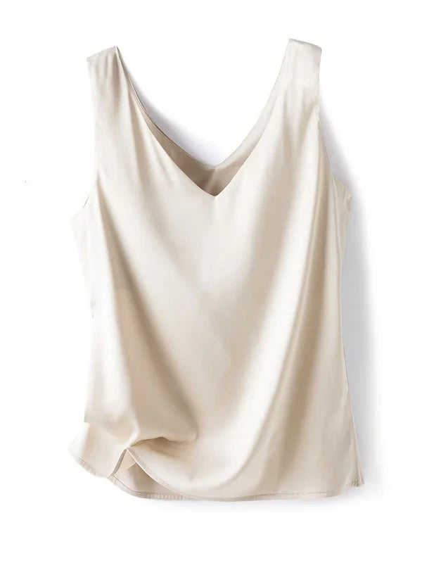 Woman T-shirts Elegant SILK Satin Blouse Sleeveless Female Summer 2023 Casual Loose Tanks and Camis Solid Green Tops for Women