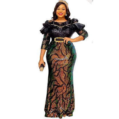 African Dresses For Women 2022 Lady Elegant Glittering Evening Dress Sparkle Sequin Sexy Sheath Maxi Party Gowns Come With Belt