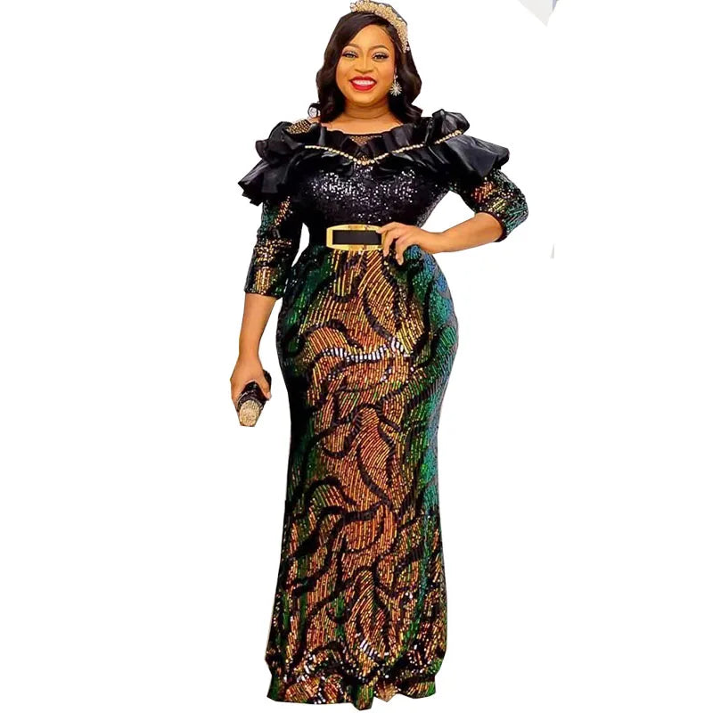 African Dresses For Women 2022 Lady Elegant Glittering Evening Dress Sparkle Sequin Sexy Sheath Maxi Party Gowns Come With Belt