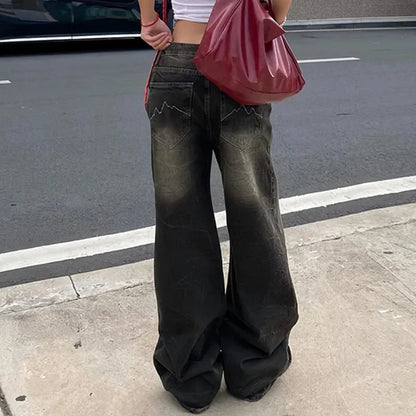 Low Waist Jeans for Women Goth Y2k Style Baggy Jeans Punk New Jeans Wide Leg Denim Pants Kpop Casual Loose Streetwear