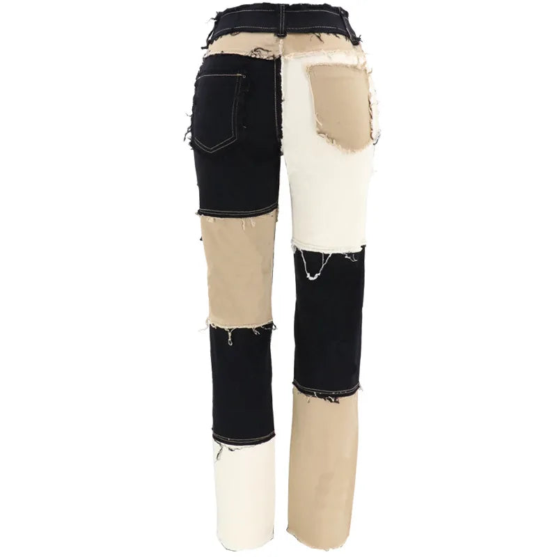 2025 Hot Sale Mixed Color Patchwork Jeans For Women Fashion High Stretch Denim Straight Pants Street Hipster Trousers XS-2XL