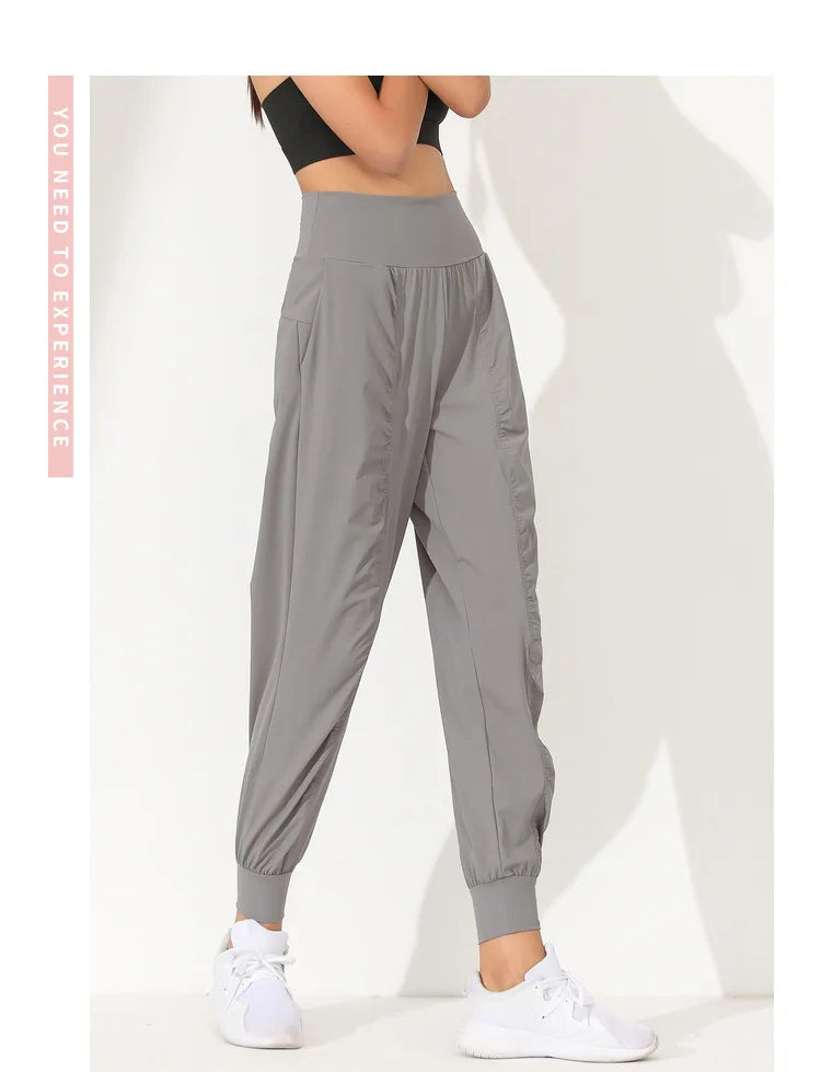 Woman Yoga Pants Hem Bound Running Fitness Loose Slim Quick-Dry Yoga Pants Pleated  Capris Pockets Jogging Pants Sports pants