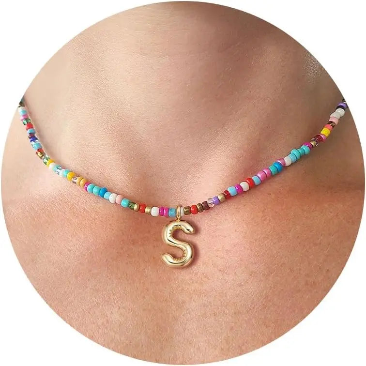 Colorful Initial Necklaces for Women Bubble Handmade Beaded Dainty Cute Beach Boho Necklace Trendy Jewelry Choker Necklace