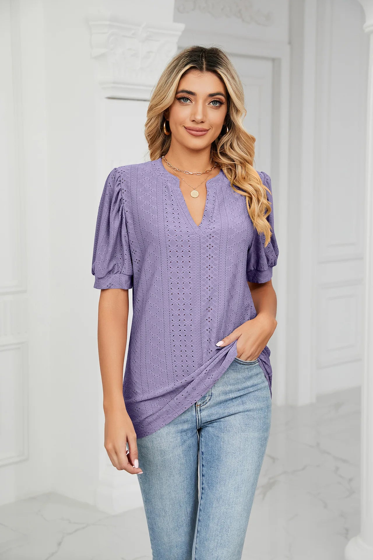 Womens Tops V Neck Ruffle Sleeve Blouses Short Sleeve Casual Tops T-Shirts for Women Autumn Winter