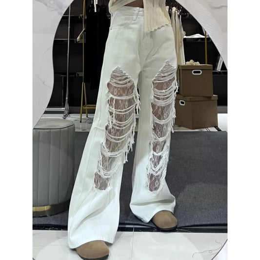 Washed Ripped Lace Denim Jeans for Women, Street Straight-leg Loose Wide-leg American Style Long Pants