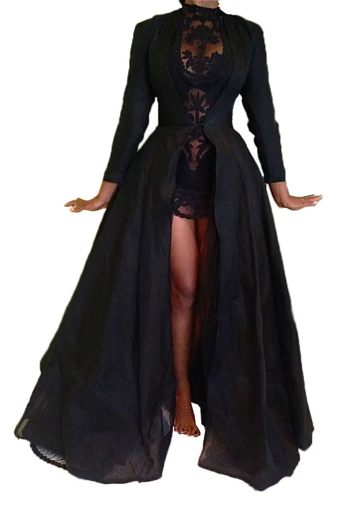 Women Sexy Dress Two Piece Sets Lace Hollow Out Spliced Long Dresses Full Sleeve Tight Waist Gown Evening Vestidos Party Prom